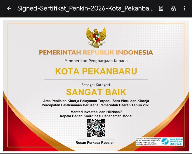 Pemko Pekanbaru Kembali Raih Penghargaan Nasional, Kali Ini Sabet Predikat Sangat Baik untuk Iklim Investasi